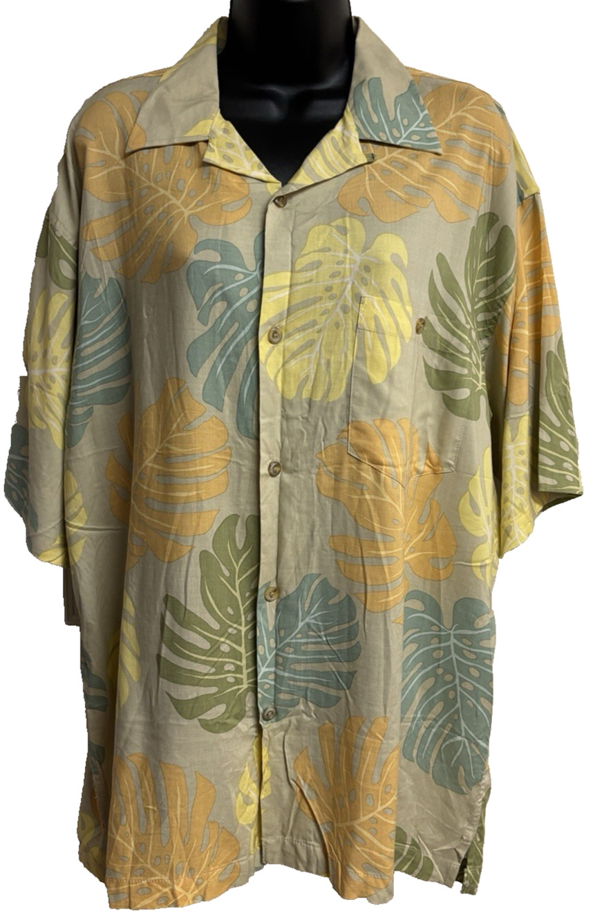 Hilo Hattie Tan Green Men Shirt Large Tan Green Aloha Hawaiian Short Sleeve EUCa